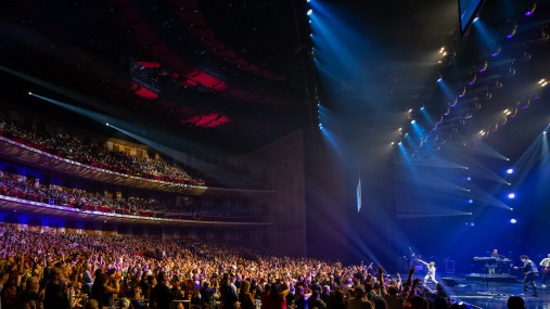 Journey on stage in front of a large crowd at the Colosseum in Los Angeles