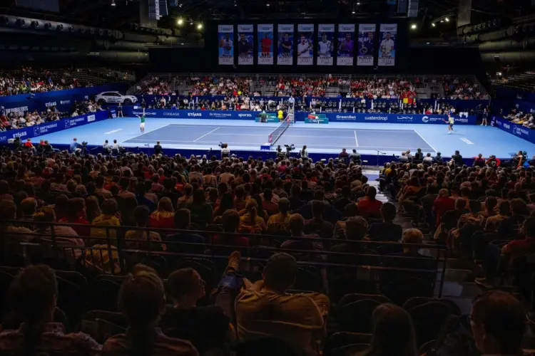 Belgian David Goffin and Argentina's Francisco Comesana pictured in action during the European Open ATP tennis tournament in Brussels, on Tuesday 14 October 2025. This year's edition of the tournament is taking place from 12 to 19 October 2025. BELGA PHOTO JASPER JACOBS
